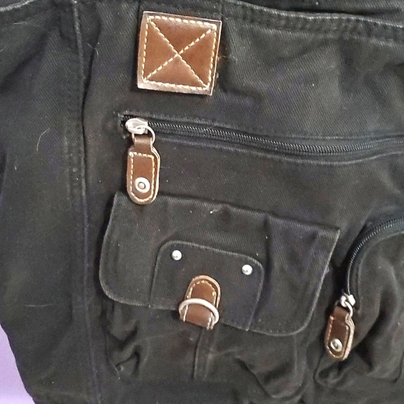 Black Multipockets Utility Boho Canvas Tote Shoulder Bag - Picture 3 of 9